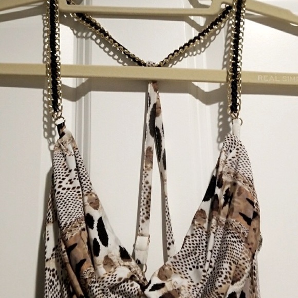 Bebe Snake Skin Print Mini Dress with Gold Chain Criss Cross Straps Cowl Neck - Picture 7 of 11